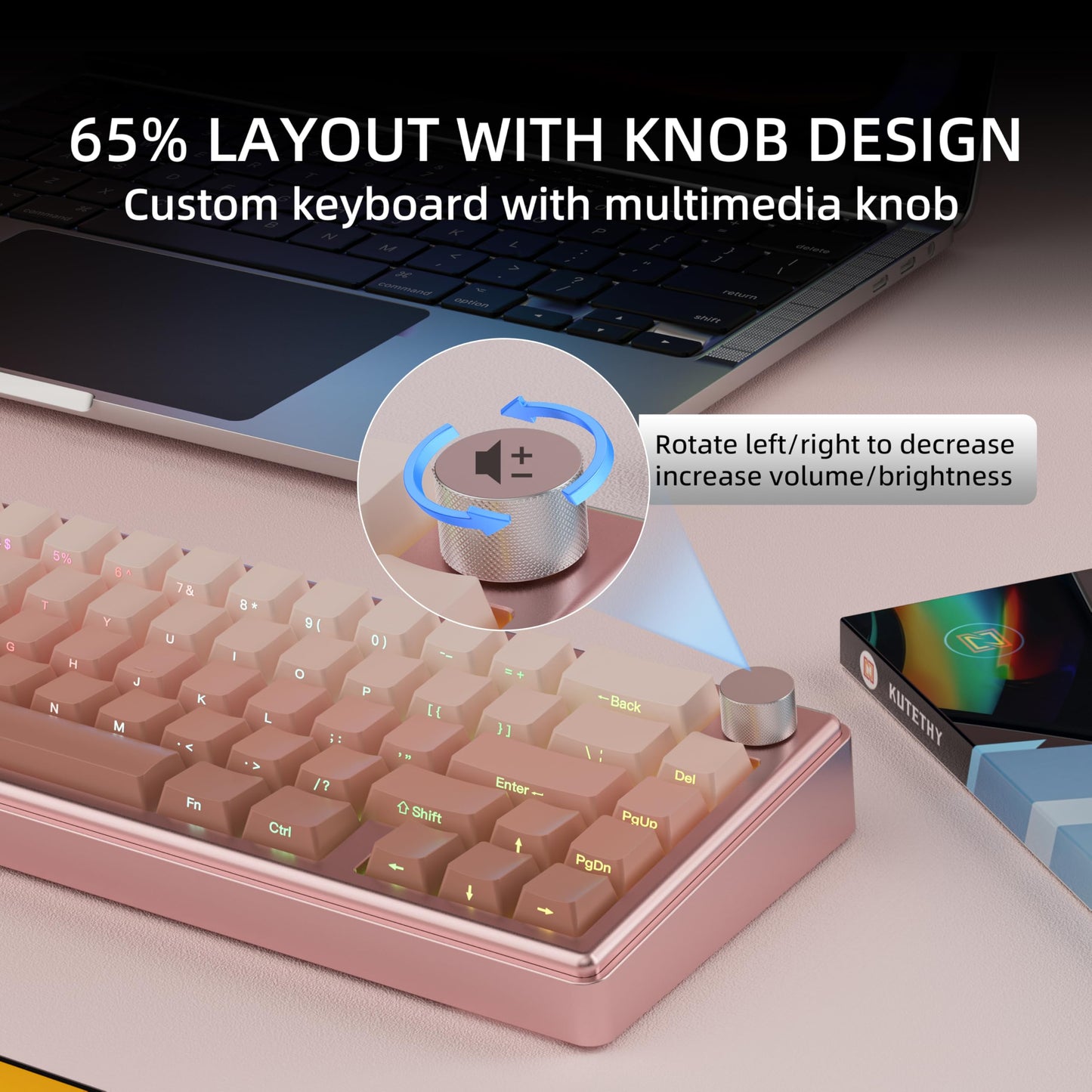 kutethy KY65 Wireless Mechanical Keyboard, Pink&Brown