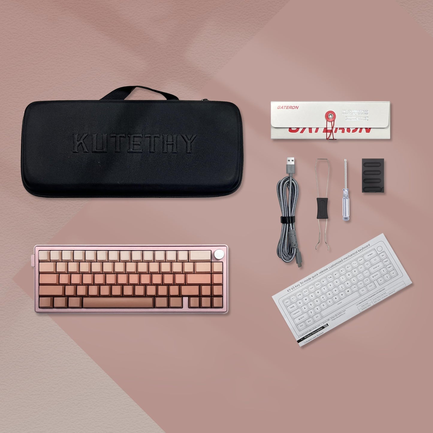 kutethy KY65 Wireless Mechanical Keyboard, Pink&Brown