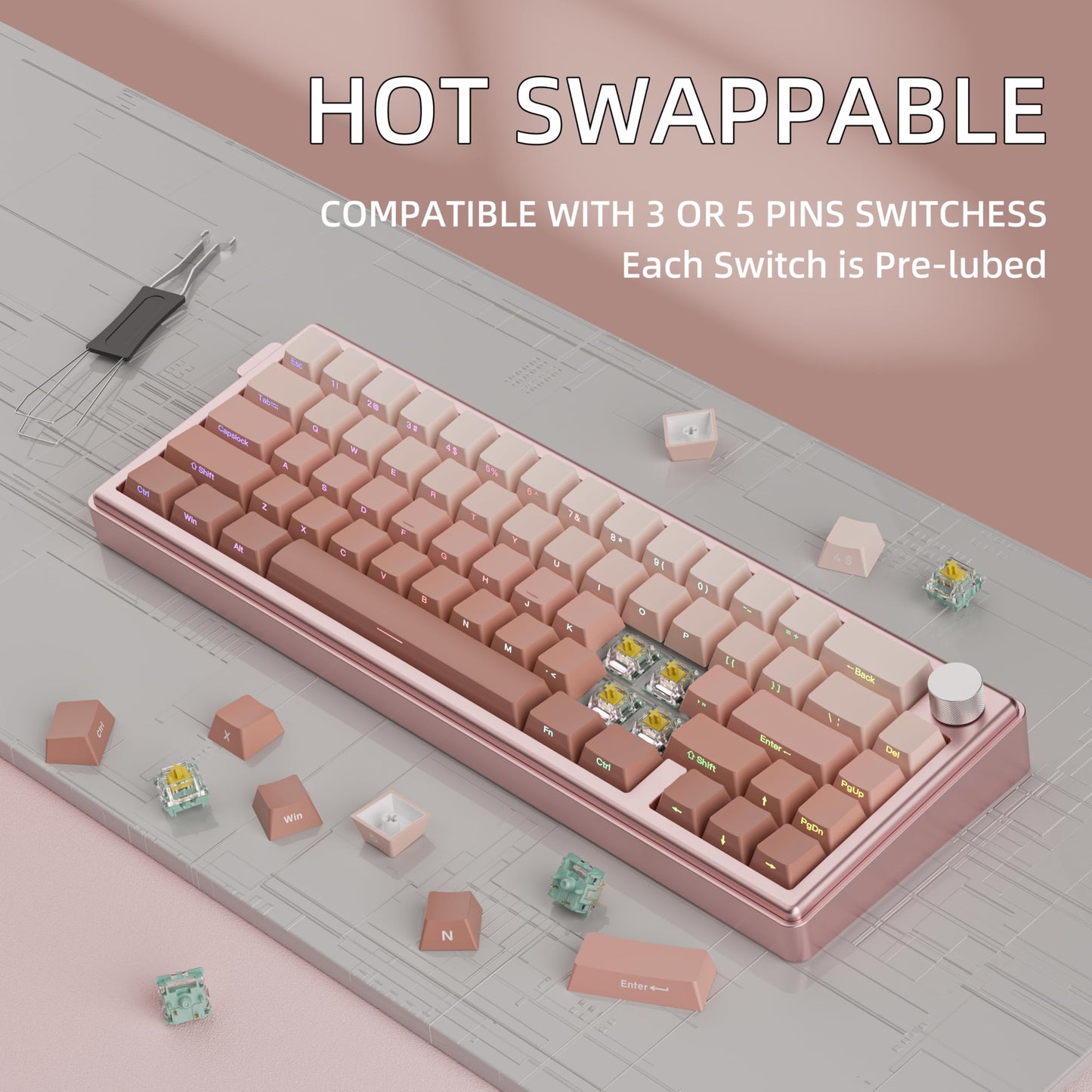 kutethy KY65 Wireless Mechanical Keyboard, Pink&Brown