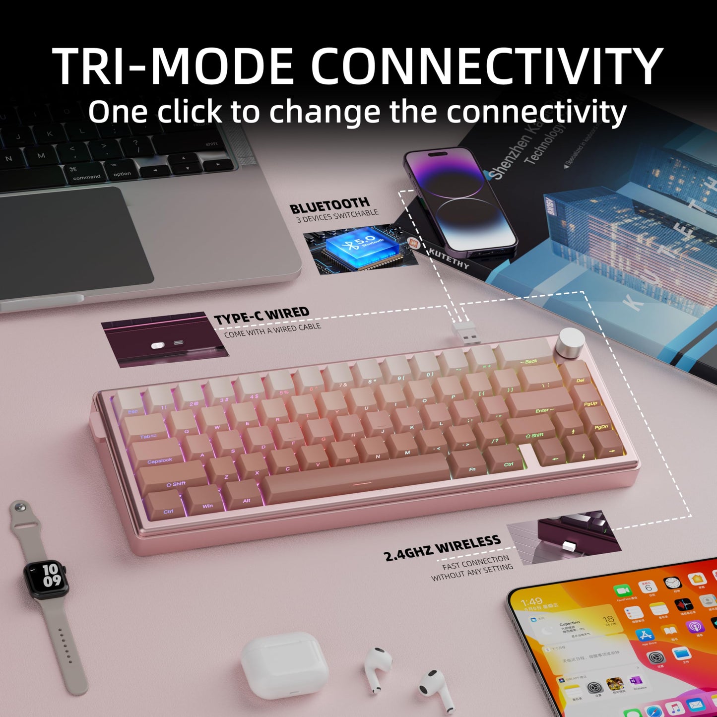 kutethy KY65 Wireless Mechanical Keyboard, Pink&Brown